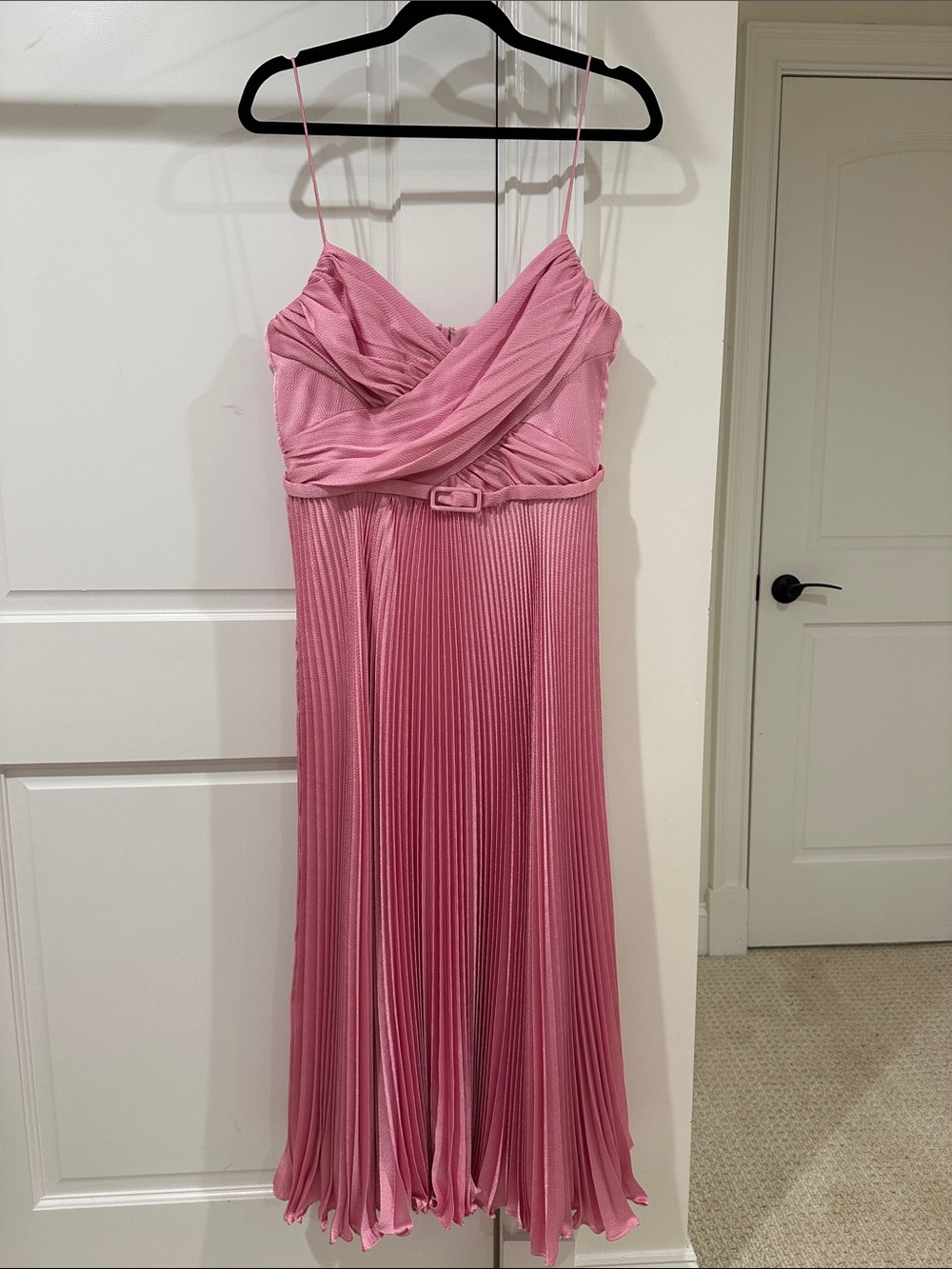 Monique Lhuillier Dusty Pink Pleated Midi Dress with Spaghetti Straps